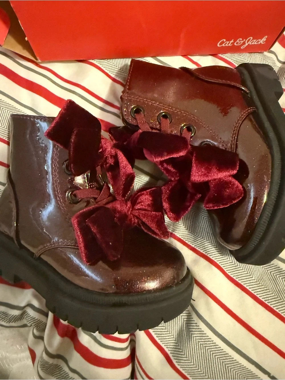 Cat & Jack Girls Glossy Burgundy Ankle Boots with Velvet Bows